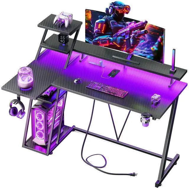 Main image of 40 Inch Gaming Desk with LED Lights & Power Outlet, L Shaped Computer Gaming Table with Storage Shelves, Reversible Corner Desk with Monitor Stand for Home Office, Carbon Fiber Black