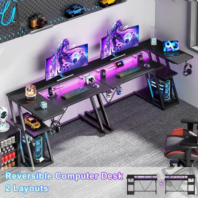 Alt view image 2 of 7 - 40 Inch Gaming Desk with Power Outlet & LED Lights, L Shaped Computer Gaming Table with 3 Tiers Storage Shelves, Corner Gamer Desk with Monitor Stand for Small Space, Carbon Fiber Black