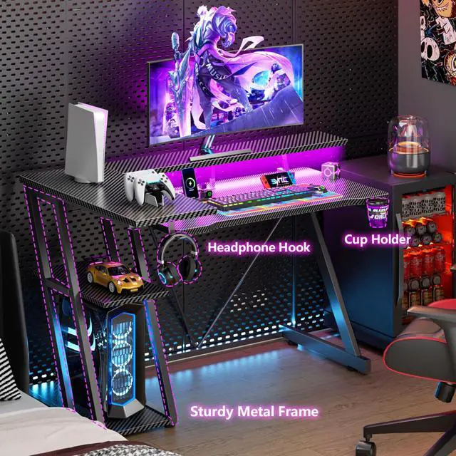 Alt view image 6 of 7 - 40 Inch Gaming Desk with Power Outlet & LED Lights, L Shaped Computer Gaming Table with 3 Tiers Storage Shelves, Corner Gamer Desk with Monitor Stand for Small Space, Carbon Fiber Black