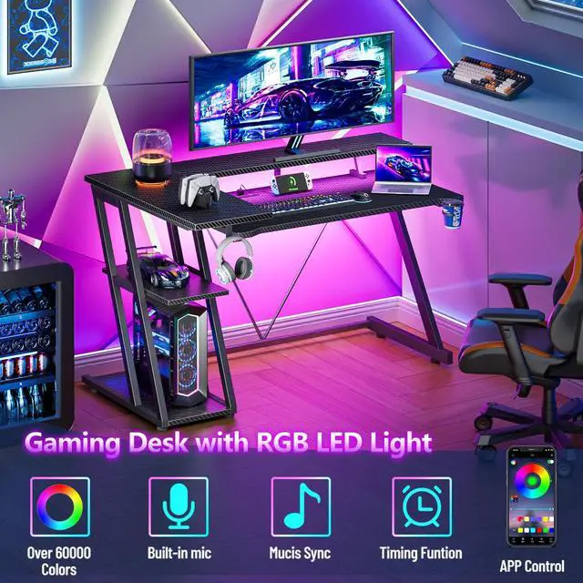 Alt view image 4 of 7 - 40 Inch Gaming Desk with Power Outlet & LED Lights, L Shaped Computer Gaming Table with 3 Tiers Storage Shelves, Corner Gamer Desk with Monitor Stand for Small Space, Carbon Fiber Black