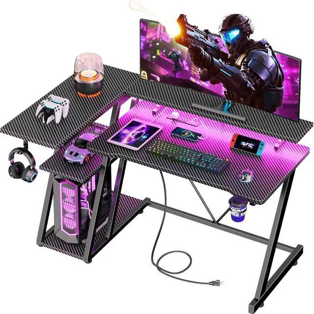 Main image of 40 Inch Gaming Desk with Power Outlet & LED Lights, L Shaped Computer Gaming Table with 3 Tiers Storage Shelves, Corner Gamer Desk with Monitor Stand for Small Space, Carbon Fiber Black