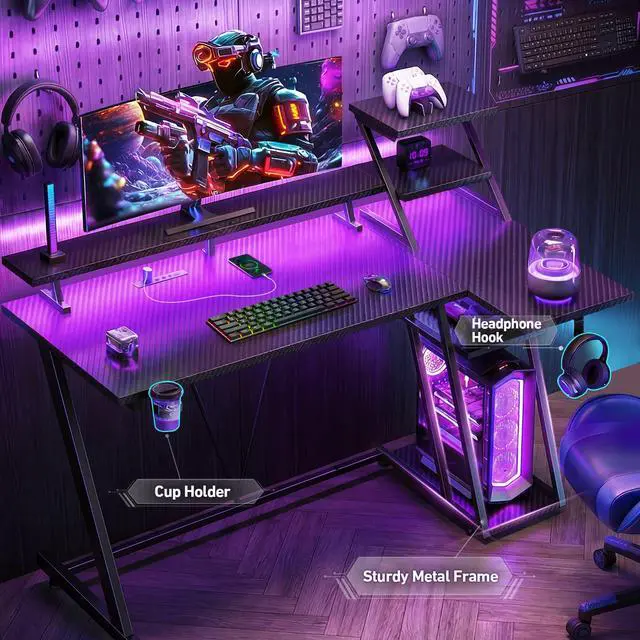 Alt view image 3 of 5 - 40 Inch Gaming Desk with LED Lights & Power Outlet, L Shaped Computer Gaming Table with Storage Shelves, Reversible Corner Desk with Monitor Stand for Home Office, Carbon Fiber Black