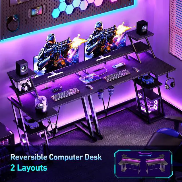 Alt view image 5 of 5 - 40 Inch Gaming Desk with LED Lights & Power Outlet, L Shaped Computer Gaming Table with Storage Shelves, Reversible Corner Desk with Monitor Stand for Home Office, Carbon Fiber Black