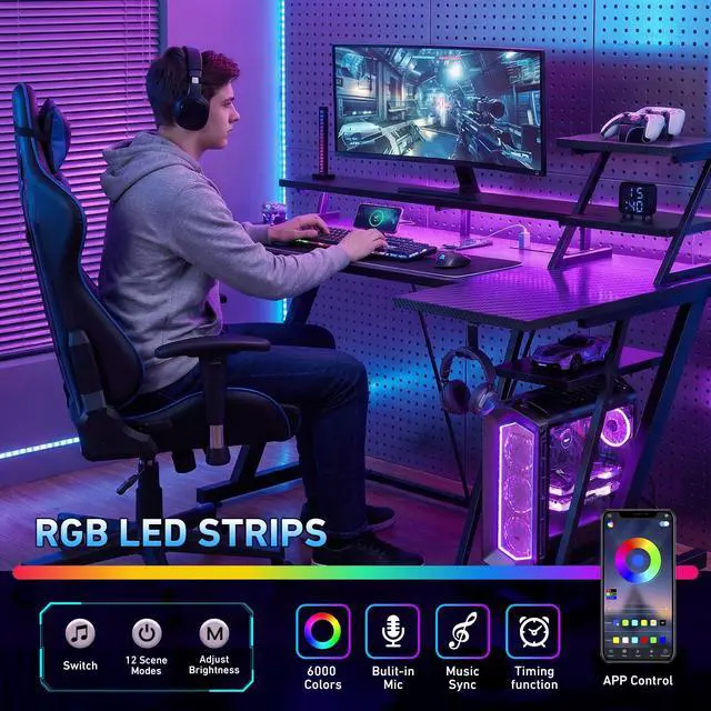 Alt view image 2 of 5 - 40 Inch Gaming Desk with LED Lights & Power Outlet, L Shaped Computer Gaming Table with Storage Shelves, Reversible Corner Desk with Monitor Stand for Home Office, Carbon Fiber Black