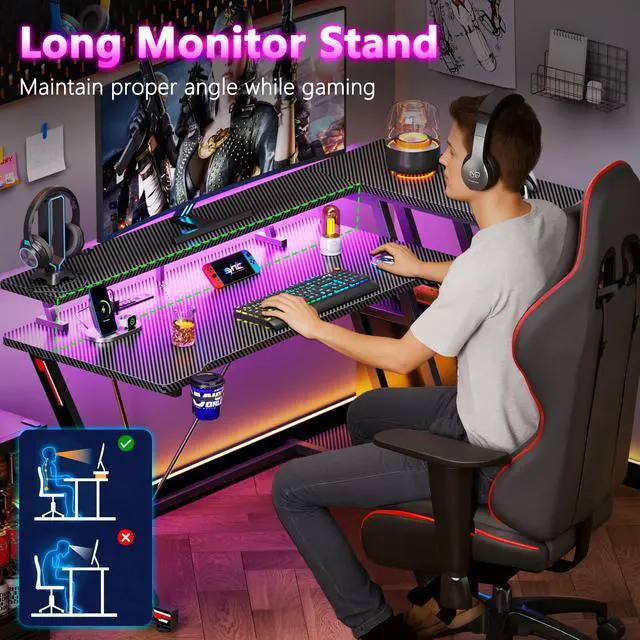 Alt view image 7 of 7 - 40 Inch Gaming Desk with Power Outlet & LED Lights, L Shaped Computer Gaming Table with 3 Tiers Storage Shelves, Corner Gamer Desk with Monitor Stand for Small Space, Carbon Fiber Black