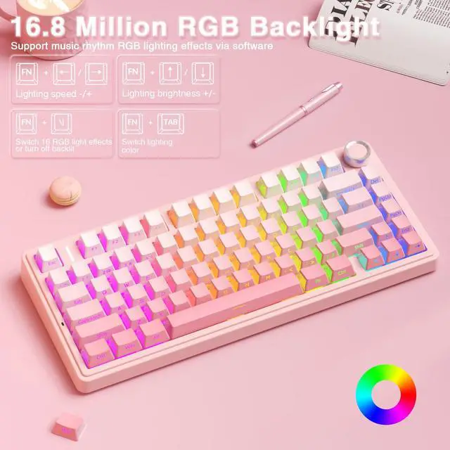 Alt view image 4 of 7 - F75 Pro Wireless Mechanical Keyboard Silent Version,75% Hot Swappable Custom Keyboard with Knob,RGB Backlit,Pre-lubed Switches,Side Printed PBT Keycaps,2.4GHz/USB-C/BT5.0 PC Gaming Keyboards,Pink