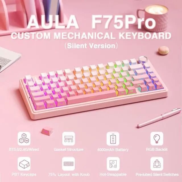 Alt view image 2 of 7 - F75 Pro Wireless Mechanical Keyboard Silent Version,75% Hot Swappable Custom Keyboard with Knob,RGB Backlit,Pre-lubed Switches,Side Printed PBT Keycaps,2.4GHz/USB-C/BT5.0 PC Gaming Keyboards,Pink