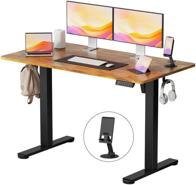 Main image of Height Adjustable Electric Standing Desk, 46 x 24 Inches Memory Home Office Sit Stand up Desk with Phone Holder and USB Charging Port, Rustic Brown