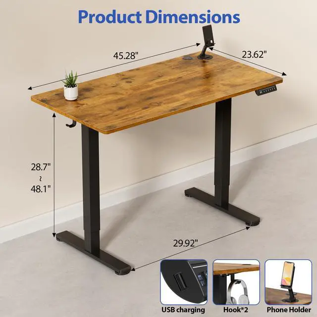 Alt view image 4 of 4 - Height Adjustable Electric Standing Desk, 46 x 24 Inches Memory Home Office Sit Stand up Desk with Phone Holder and USB Charging Port, Rustic Brown