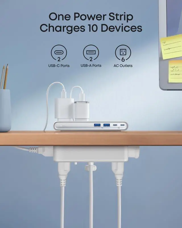 Alt view image 4 of 6 - Nano Power Strip, Desk Clamp with 1500J Surge Protector, 5ft Extension Cord, 70W Max Gaming Desk Accessories, 6 AC, 2 USB A, 2 USB C, Home Office Essentials, Fit 0.6~1.8'' Tabletop Edge
