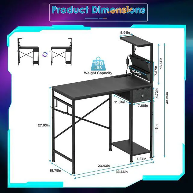 Alt view image 3 of 3 - 33.7 Inch Small Gaming Desk Table with LED Lights & Power Outlets, Compact L Shaped Gaming Computer Desk with CPU Stand, Drawer & Storage, Corner PC Desk for Kids, Home Office , Bedroom, Black