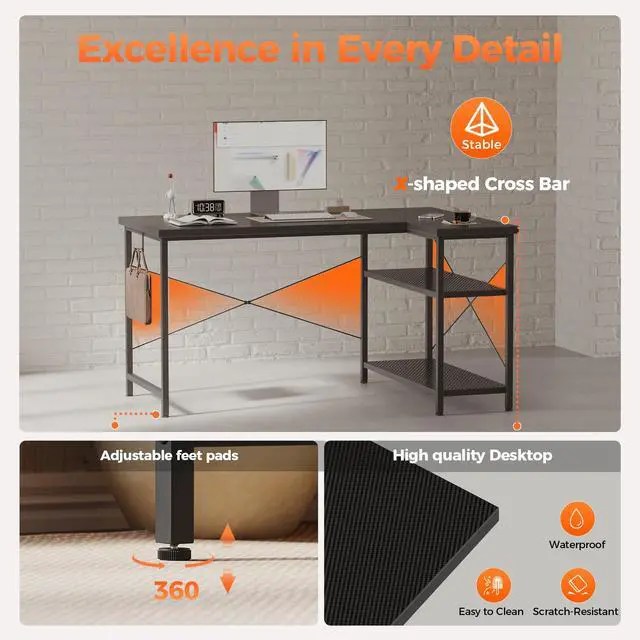 Alt view image 5 of 7 - Small L Shaped Computer Desk, Reversible Gaming Desk with Storage Shelves, Corner Gamer Desk Table, Study Writing Table