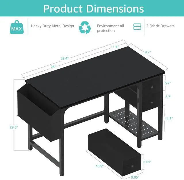 Alt view image 3 of 7 - Computer Desk with Fabric Drawers, 40 Inch Reversible Gaming Desk for Small Space Home Office, Modern Simple Study Writing Table PC Desks for Bedroom, Black