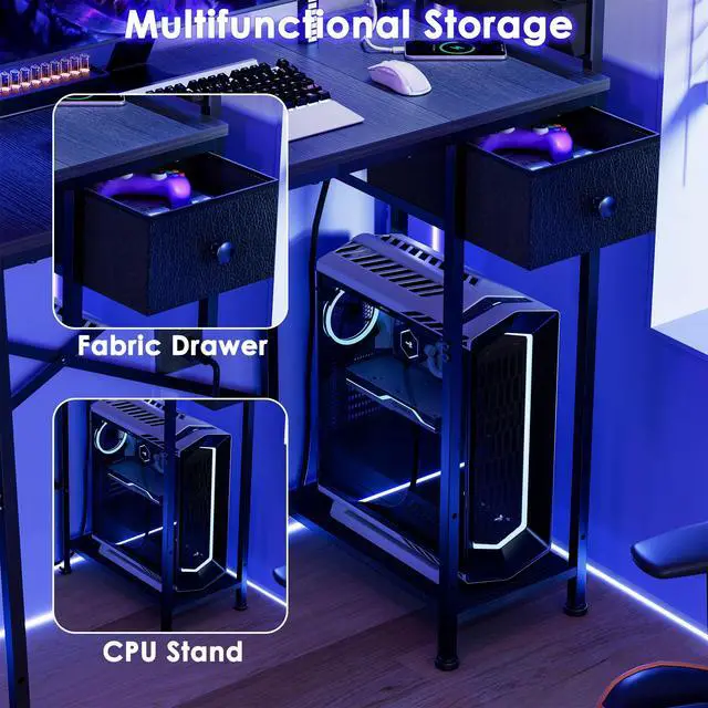 Alt view image 2 of 3 - 33.7 Inch Small Gaming Desk Table with LED Lights & Power Outlets, Compact L Shaped Gaming Computer Desk with CPU Stand, Drawer & Storage, Corner PC Desk for Kids, Home Office , Bedroom, Black