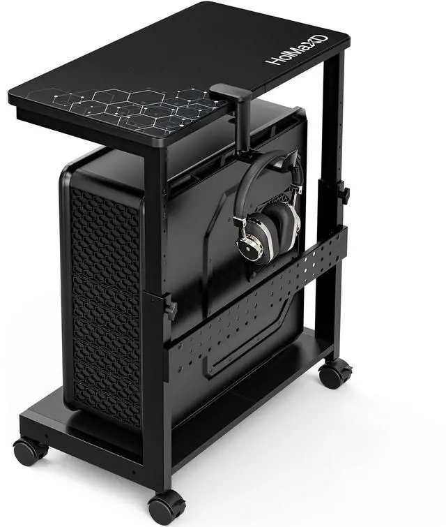 Main image of Height Adjustable Computer Tower Stand, 2-Tier ATX-Case CPU Holder with Mouse Pad & Headphone Stand, Mobile PC Standing Under Desk, Home Office Gaming Accessories, Computer Cart Wheels, Black