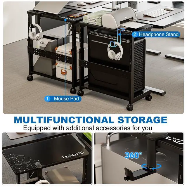 Alt view image 2 of 7 - Height Adjustable Computer Tower Stand, 2-Tier ATX-Case CPU Holder with Mouse Pad & Headphone Stand, Mobile PC Standing Under Desk, Home Office Gaming Accessories, Computer Cart Wheels, Black