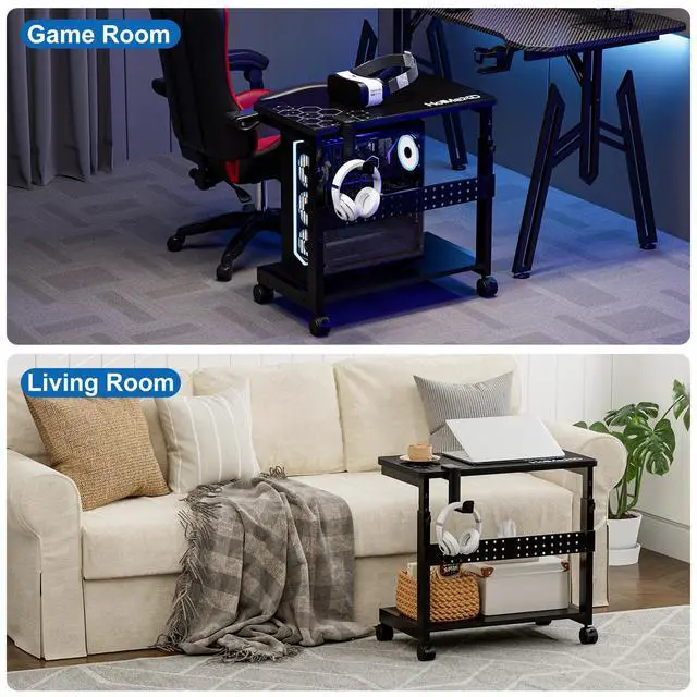 Alt view image 3 of 7 - Height Adjustable Computer Tower Stand, 2-Tier ATX-Case CPU Holder with Mouse Pad & Headphone Stand, Mobile PC Standing Under Desk, Home Office Gaming Accessories, Computer Cart Wheels, Black