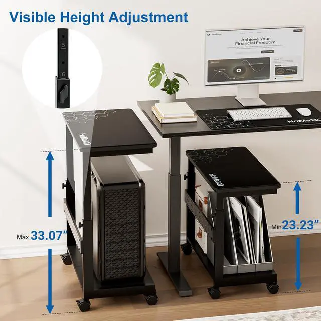 Alt view image 4 of 7 - Height Adjustable Computer Tower Stand, 2-Tier ATX-Case CPU Holder with Mouse Pad & Headphone Stand, Mobile PC Standing Under Desk, Home Office Gaming Accessories, Computer Cart Wheels, Black