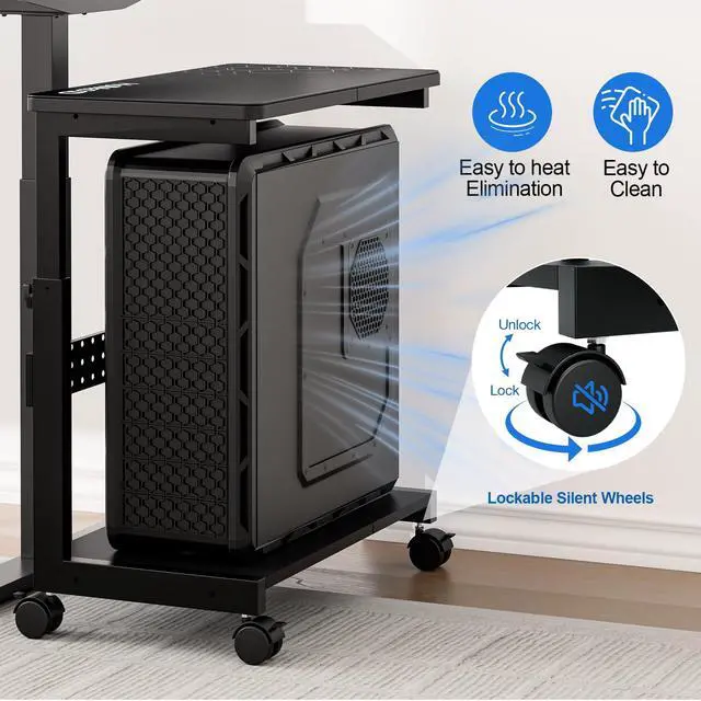 Alt view image 6 of 7 - Height Adjustable Computer Tower Stand, 2-Tier ATX-Case CPU Holder with Mouse Pad & Headphone Stand, Mobile PC Standing Under Desk, Home Office Gaming Accessories, Computer Cart Wheels, Black