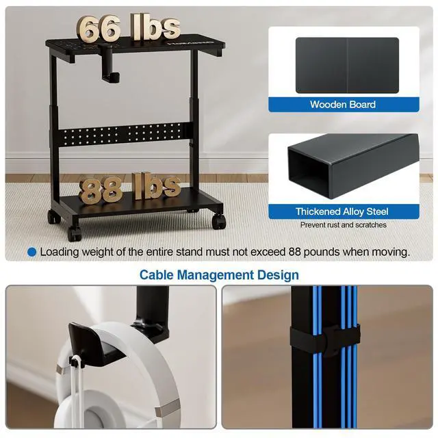Alt view image 5 of 7 - Height Adjustable Computer Tower Stand, 2-Tier ATX-Case CPU Holder with Mouse Pad & Headphone Stand, Mobile PC Standing Under Desk, Home Office Gaming Accessories, Computer Cart Wheels, Black