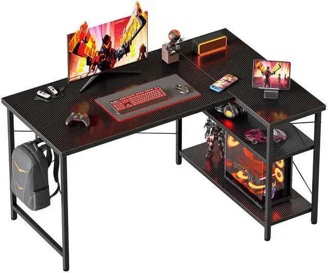 Main image of Small L Shaped Computer Desk, Reversible Gaming Desk with Storage Shelves, Corner Gamer Desk Table, Study Writing Table