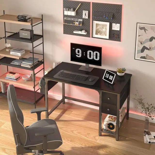 Alt view image 2 of 7 - Computer Desk with Fabric Drawers, 40 Inch Reversible Gaming Desk for Small Space Home Office, Modern Simple Study Writing Table PC Desks for Bedroom, Black