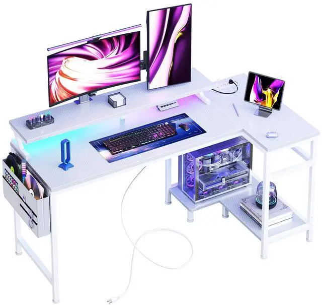 Main image of Gaming Desk, Computer Desk with USB Charging Ports, Power Outlets, Type-C and LED Lights, Reversible L Shaped Desk with Storage Shelves & Monitor Stand for Office Gaming Room White 48IN