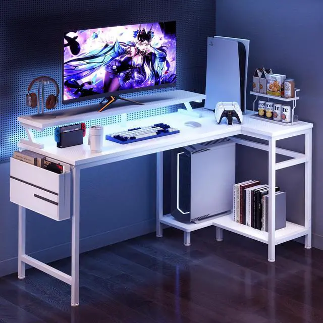 Alt view image 2 of 7 - Gaming Desk, Computer Desk with USB Charging Ports, Power Outlets, Type-C and LED Lights, Reversible L Shaped Desk with Storage Shelves & Monitor Stand for Office Gaming Room White 48IN