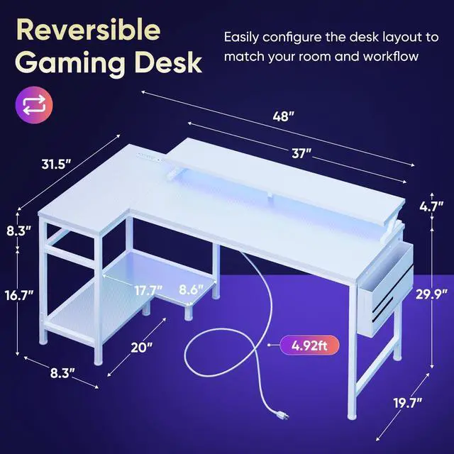 Alt view image 3 of 7 - Gaming Desk, Computer Desk with USB Charging Ports, Power Outlets, Type-C and LED Lights, Reversible L Shaped Desk with Storage Shelves & Monitor Stand for Office Gaming Room White 48IN
