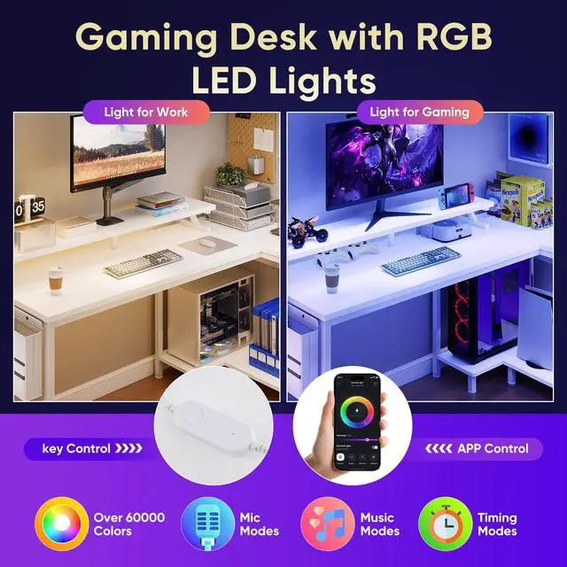 Alt view image 5 of 7 - Gaming Desk, Computer Desk with USB Charging Ports, Power Outlets, Type-C and LED Lights, Reversible L Shaped Desk with Storage Shelves & Monitor Stand for Office Gaming Room White 48IN