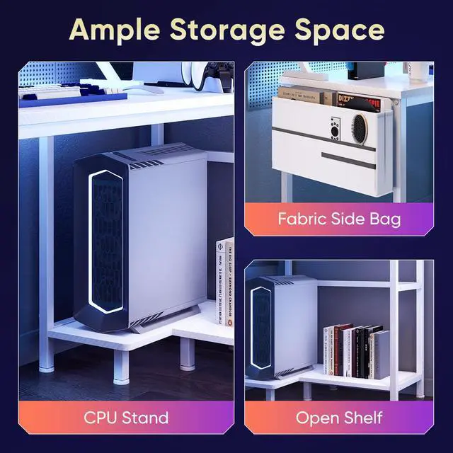 Alt view image 6 of 7 - Gaming Desk, Computer Desk with USB Charging Ports, Power Outlets, Type-C and LED Lights, Reversible L Shaped Desk with Storage Shelves & Monitor Stand for Office Gaming Room White 48IN