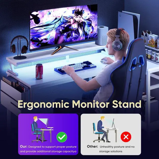 Alt view image 7 of 7 - Gaming Desk, Computer Desk with USB Charging Ports, Power Outlets, Type-C and LED Lights, Reversible L Shaped Desk with Storage Shelves & Monitor Stand for Office Gaming Room White 48IN