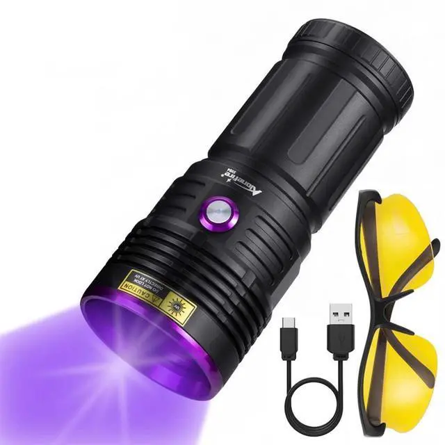 Main image of SV84 365nm UV Flashlight Strong 45W USB C Rechargeable Black Light for Pet Urine Detection, Resin Curing, Scorpion, Fishing, Minerals, Cure Glue with UV Protective Glasses, 4PCS Battery