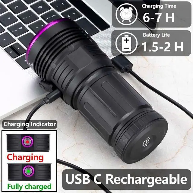 Alt view image 5 of 7 - SV84 365nm UV Flashlight Strong 45W USB C Rechargeable Black Light for Pet Urine Detection, Resin Curing, Scorpion, Fishing, Minerals, Cure Glue with UV Protective Glasses, 4PCS Battery