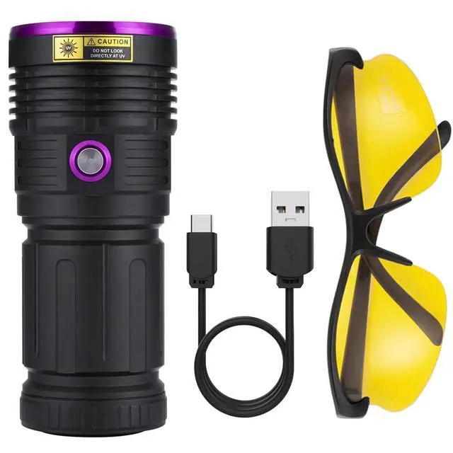 Alt view image 7 of 7 - SV84 365nm UV Flashlight Strong 45W USB C Rechargeable Black Light for Pet Urine Detection, Resin Curing, Scorpion, Fishing, Minerals, Cure Glue with UV Protective Glasses, 4PCS Battery