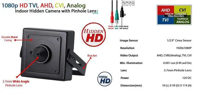 Alt view image 3 of 7 - 1080p HD 4in1 AHD TVI CVI, Analog Indoor Mini Hidden Camera with Wide Angle Pinhole Lens