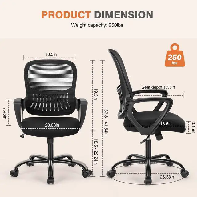 Alt view image 2 of 7 - Home Office Managerial Executive Chair with Ergonomic Design, Mid-Back Mesh 360° Swivel, Comfortable Lumbar Support, Comfy Arms for Bedroom,Study,Student, Black