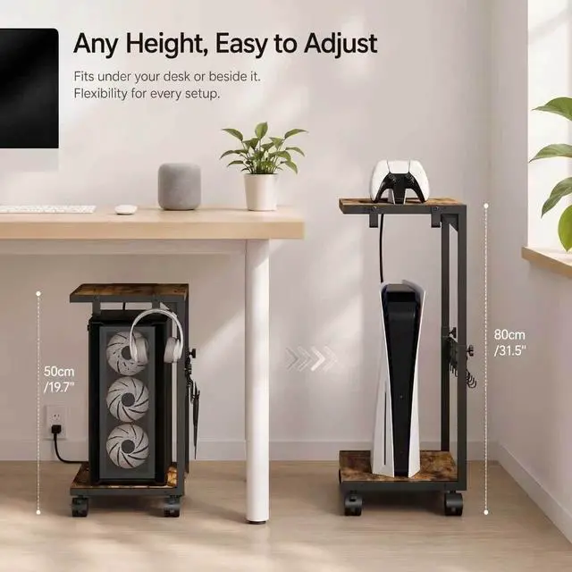Alt view image 2 of 7 - PC Stand with Charging Station, Height Adjustable Computer Tower Stand, 19.7"-31.5" H, Computer Cart with Wheels and Hooks, CPU Holder for Floor, Carpet and Under Desk, Rustic Brown