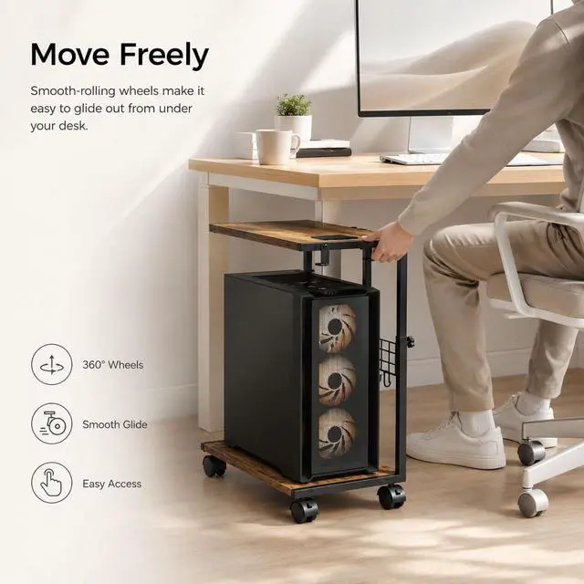 Alt view image 3 of 7 - PC Stand with Charging Station, Height Adjustable Computer Tower Stand, 19.7"-31.5" H, Computer Cart with Wheels and Hooks, CPU Holder for Floor, Carpet and Under Desk, Rustic Brown