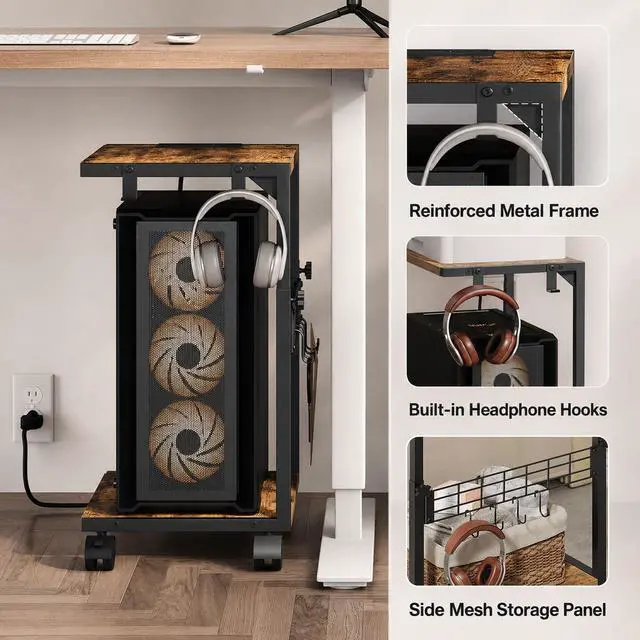 Alt view image 5 of 7 - PC Stand with Charging Station, Height Adjustable Computer Tower Stand, 19.7"-31.5" H, Computer Cart with Wheels and Hooks, CPU Holder for Floor, Carpet and Under Desk, Rustic Brown