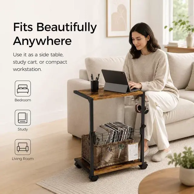 Alt view image 6 of 7 - PC Stand with Charging Station, Height Adjustable Computer Tower Stand, 19.7"-31.5" H, Computer Cart with Wheels and Hooks, CPU Holder for Floor, Carpet and Under Desk, Rustic Brown