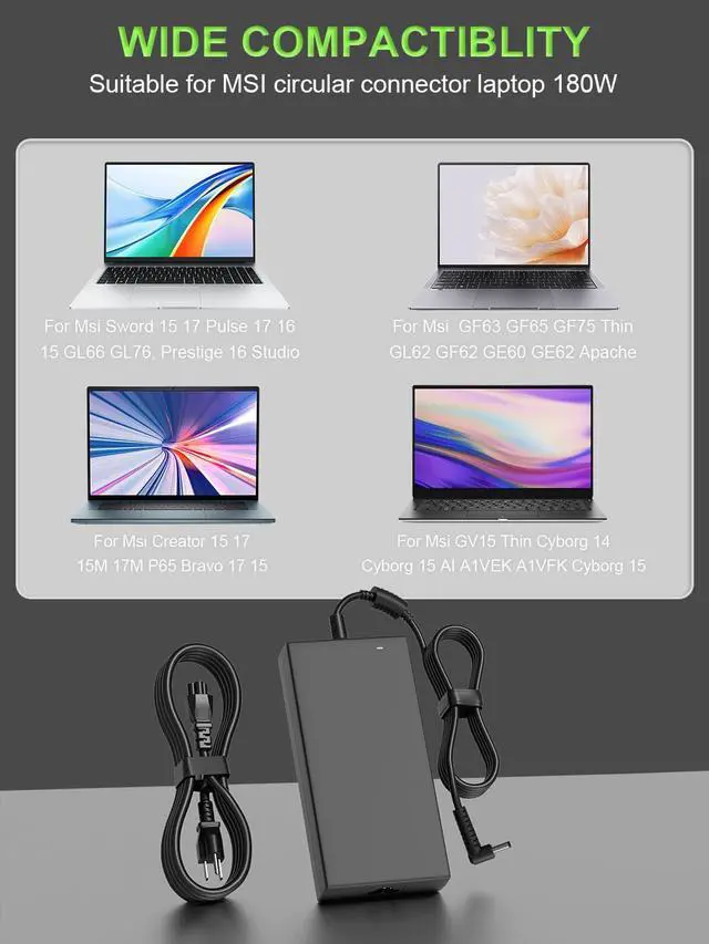 Alt view image 4 of 7 - 180W Charger Compatibile with Msi GF63 GF65 GF75 GE72 GE75 GS65 GL75 Stealth Katana Alpha Crosshair Sword Pulse Raider Leopard Dominator Creator Cyborg Bravo Apache Laptop