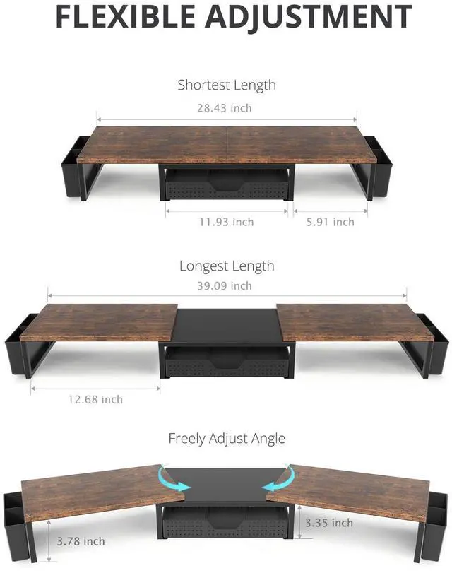 Alt view image 3 of 6 - Desk Organizers and Accessories, Dual Monitor Stand Riser with Drawer and 2 Pen Holders, Desk Shelf Wood Computer Racks for Office Workspace Organizers, Desktop Organization (Rustic Brown)