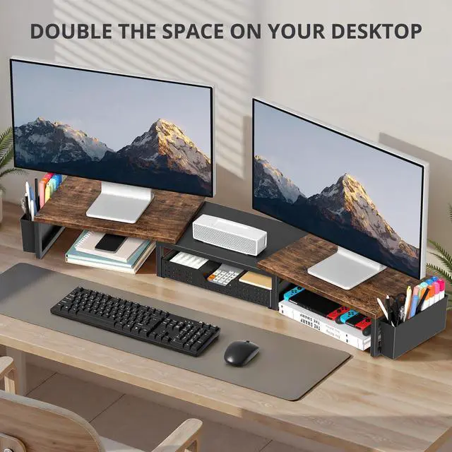 Alt view image 4 of 6 - Desk Organizers and Accessories, Dual Monitor Stand Riser with Drawer and 2 Pen Holders, Desk Shelf Wood Computer Racks for Office Workspace Organizers, Desktop Organization (Rustic Brown)