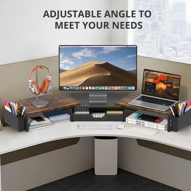 Alt view image 5 of 6 - Desk Organizers and Accessories, Dual Monitor Stand Riser with Drawer and 2 Pen Holders, Desk Shelf Wood Computer Racks for Office Workspace Organizers, Desktop Organization (Rustic Brown)