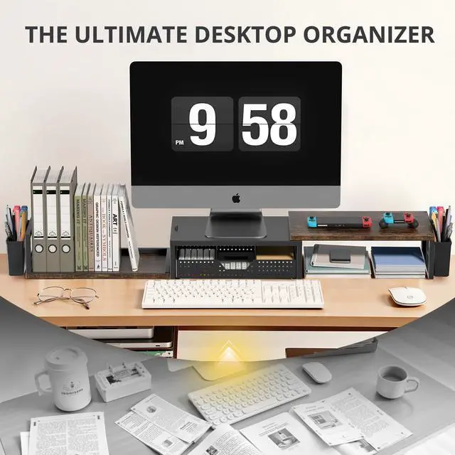 Alt view image 6 of 6 - Desk Organizers and Accessories, Dual Monitor Stand Riser with Drawer and 2 Pen Holders, Desk Shelf Wood Computer Racks for Office Workspace Organizers, Desktop Organization (Rustic Brown)