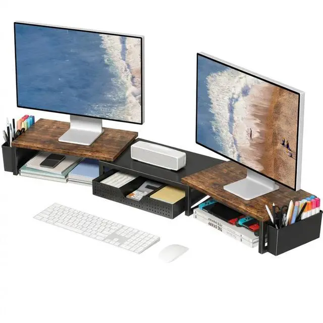 Main image of Desk Organizers and Accessories, Dual Monitor Stand Riser with Drawer and 2 Pen Holders, Desk Shelf Wood Computer Racks for Office Workspace Organizers, Desktop Organization (Rustic Brown)