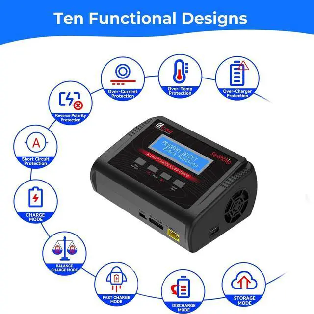 Alt view image 3 of 7 - LiPo Battery Charger, 150W 10A AC/DC RC Balance Charger for 1-6S LiPo/LiHV/Li-ion/Life, NiMH NiCd (1-15S) Pb, Fast Charging for RC Car, Drone, Airplane, Helicopter