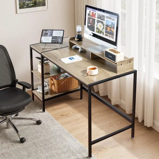 Alt view image 4 of 7 - 47-inch Computer Desk with Storage Shelf - Gray Ideal Gaming Desk for Bedrooms, Small Spaces, and Home Offices Modern Writing Desk for PCs.