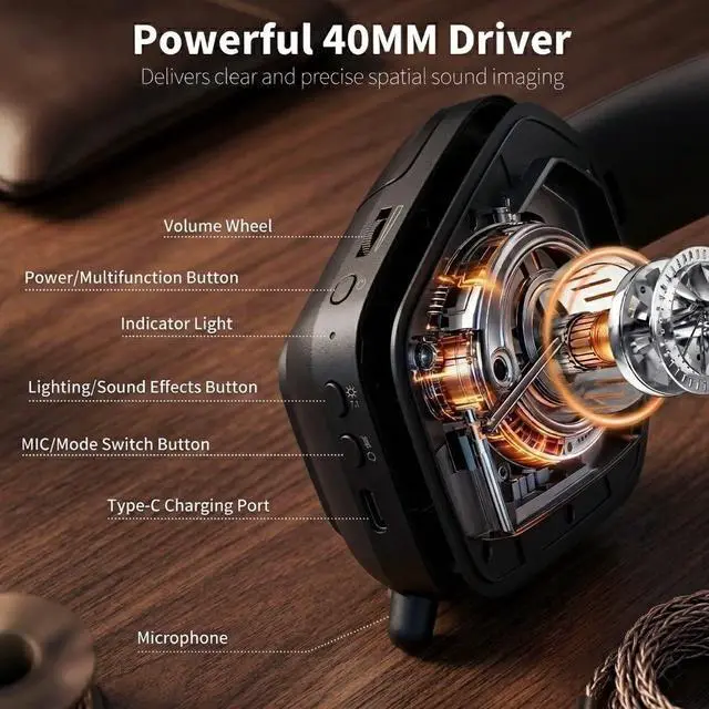 Alt view image 4 of 7 - HG101 Wireless Gaming Headset, 7.1 Surround Sound, Stereo Wired Headphones with Retractable Mic, Bluetooth 5.3, RGB, Memory Foam Ear Pads, Works with PC, PS4, PS5, Switch, Black